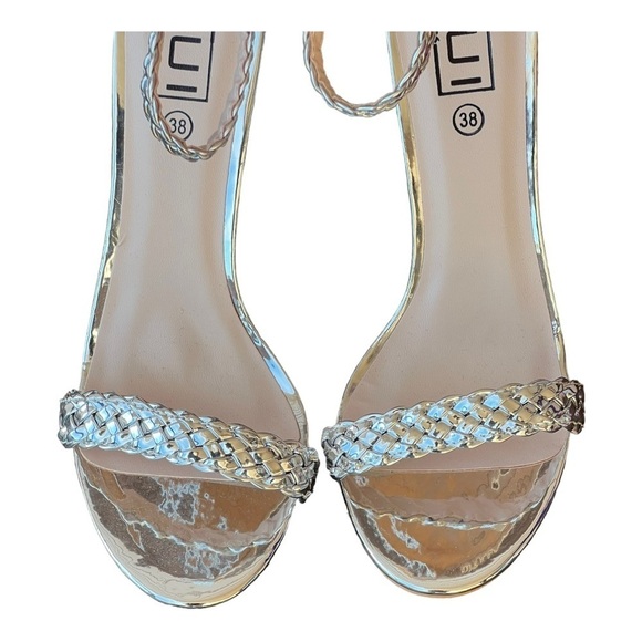RUI Silver Metallic Woven Stiletto Heels Halo Strap Braided Open-Toe 38 - Picture 6 of 8